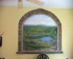 Kitchen Wall Mural, Faux Stone Window view to Lake, Bridge and Vineyards
